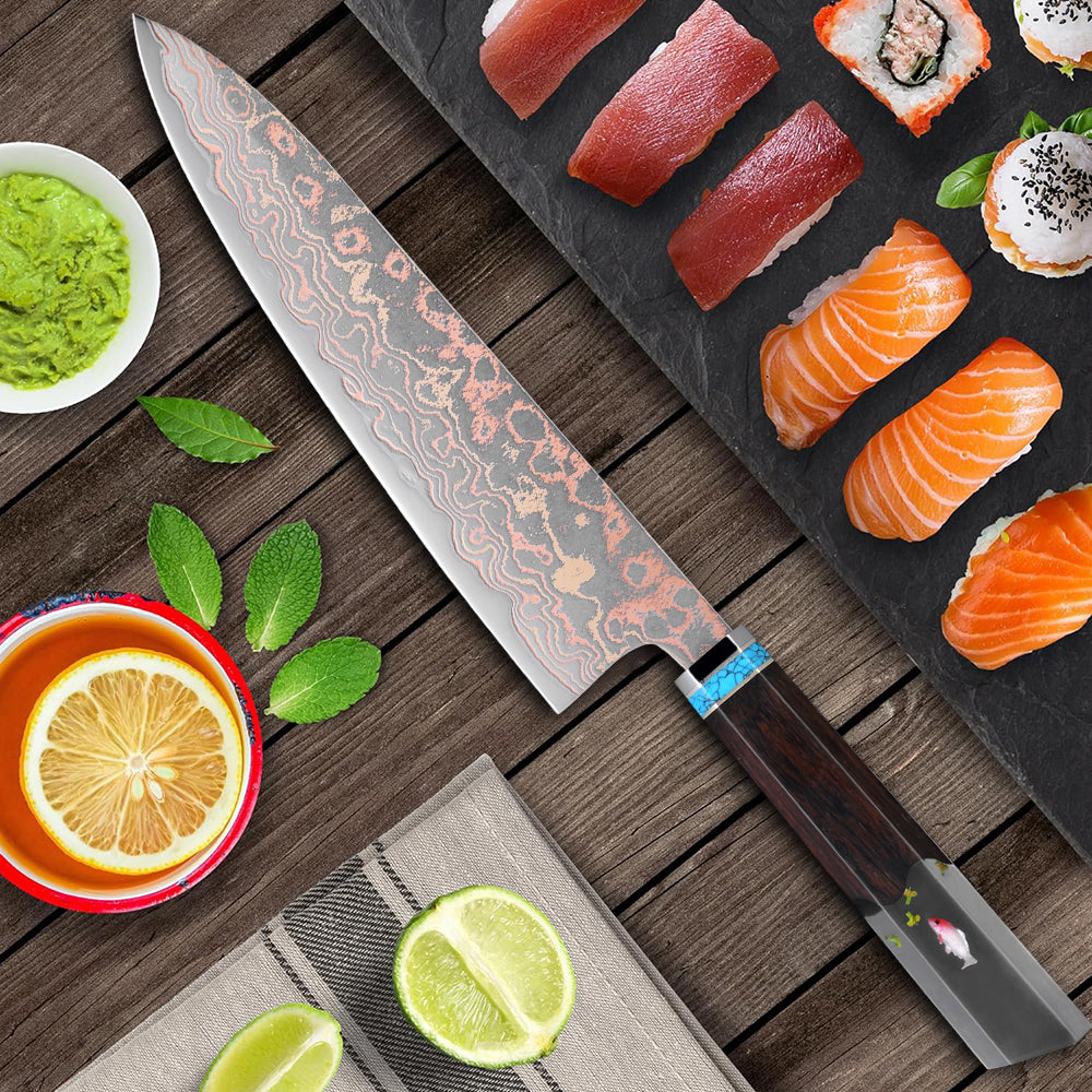 XITUO Copper Damascus Chef Knife 8 inch, Japanese Kitchen Knives Copper & Damascus Steel 33 Layer Hand Forged Utility Knife