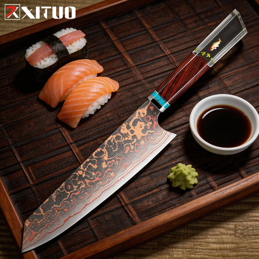 XITUO Kiritsuke Chef Knife,8 Inch, 37 Layers Tricolor Copper Damascus Steel-Japanese Damascus Knife for Chefs&Home Cooking-Razor Shar