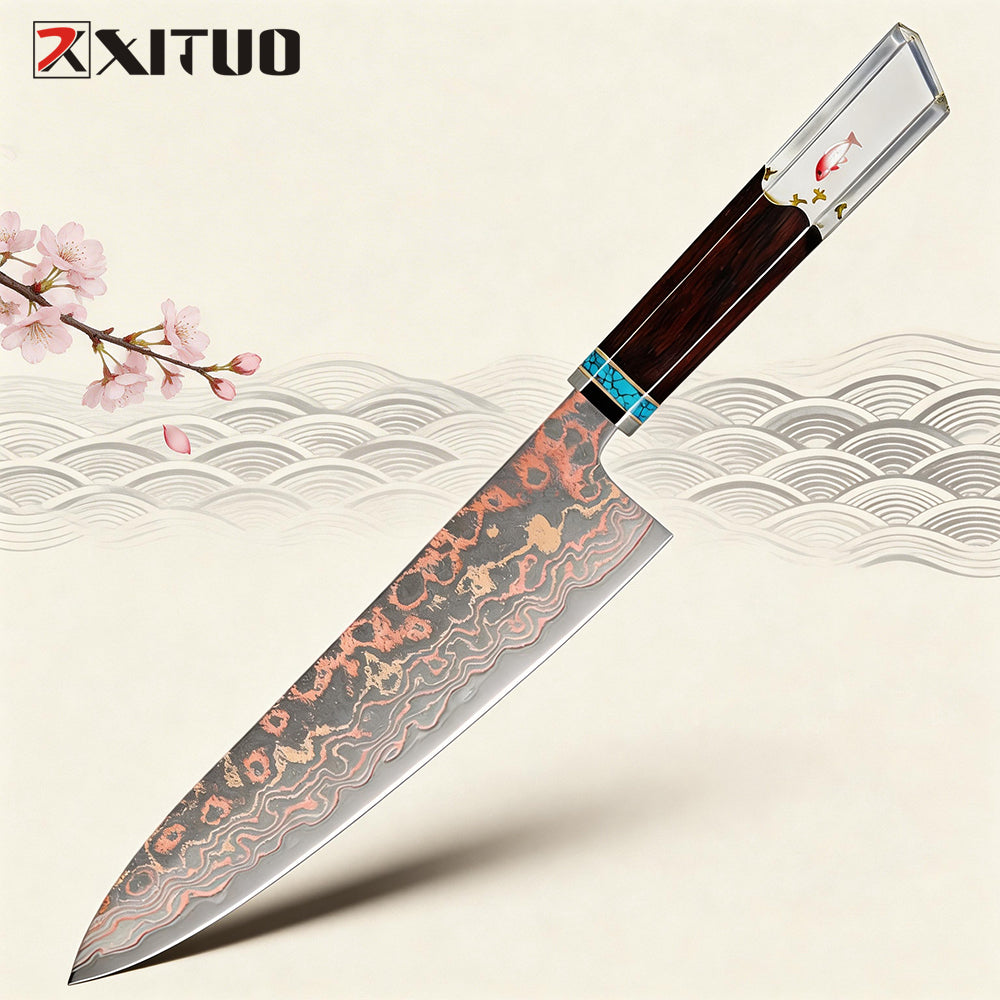 XITUO Copper Damascus Chef Knife 8 inch, Japanese Kitchen Knives Copper & Damascus Steel 33 Layer Hand Forged Utility Knife