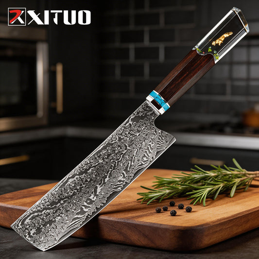 XITUO 7" Nakiri Knife Japanese VG-10 Damascus Steel, Razor Sharp Asian Vegetable & Meat Chopper, Ergonomic Resin & Wood Handle