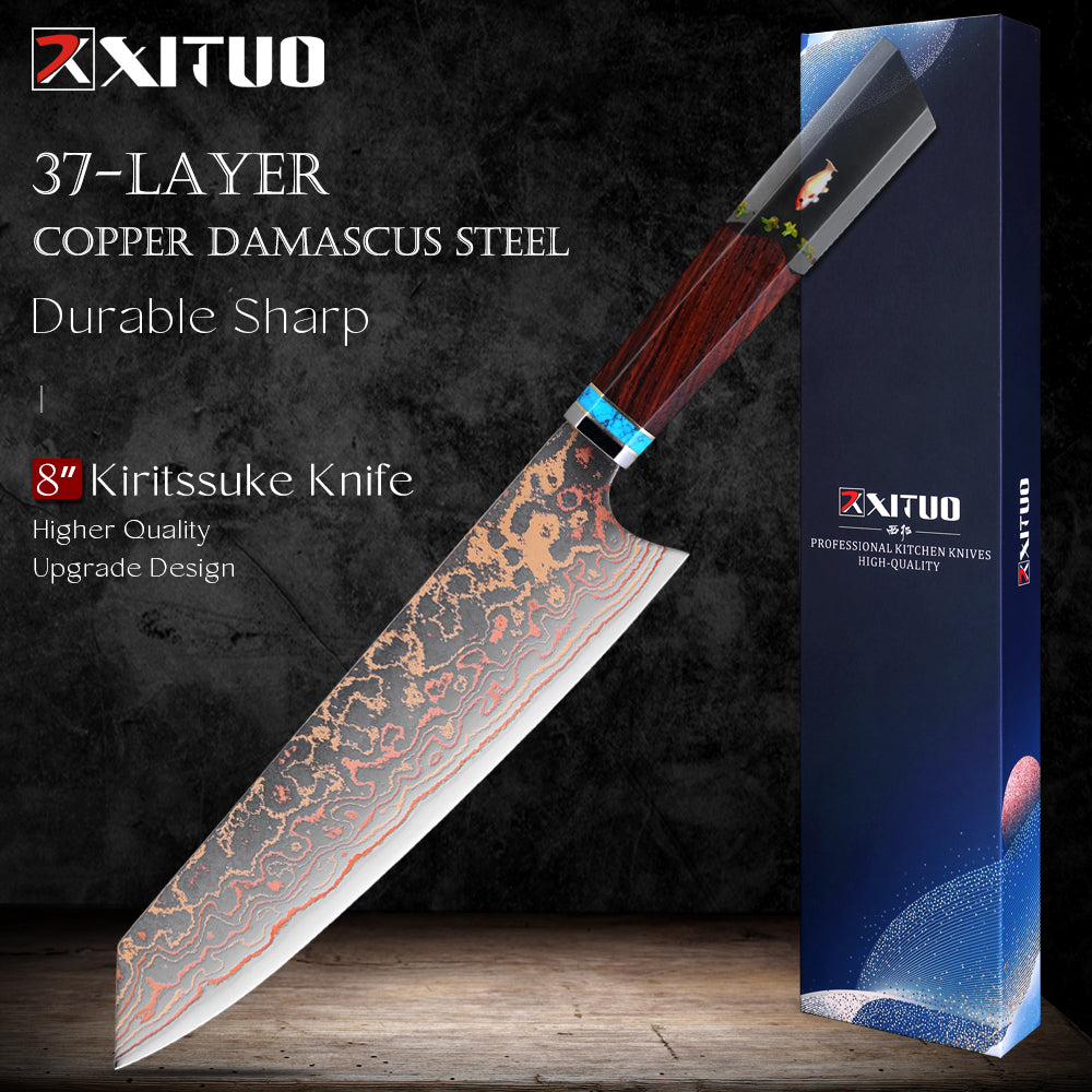 XITUO Kiritsuke Chef Knife,8 Inch, 37 Layers Tricolor Copper Damascus Steel-Japanese Damascus Knife for Chefs&Home Cooking-Razor Shar