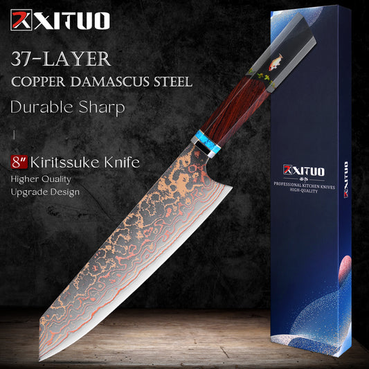 XITUO Kiritsuke Chef Knife,8 Inch, 37 Layers Tricolor Copper Damascus Steel-Japanese Damascus Knife for Chefs&Home Cooking-Razor Shar