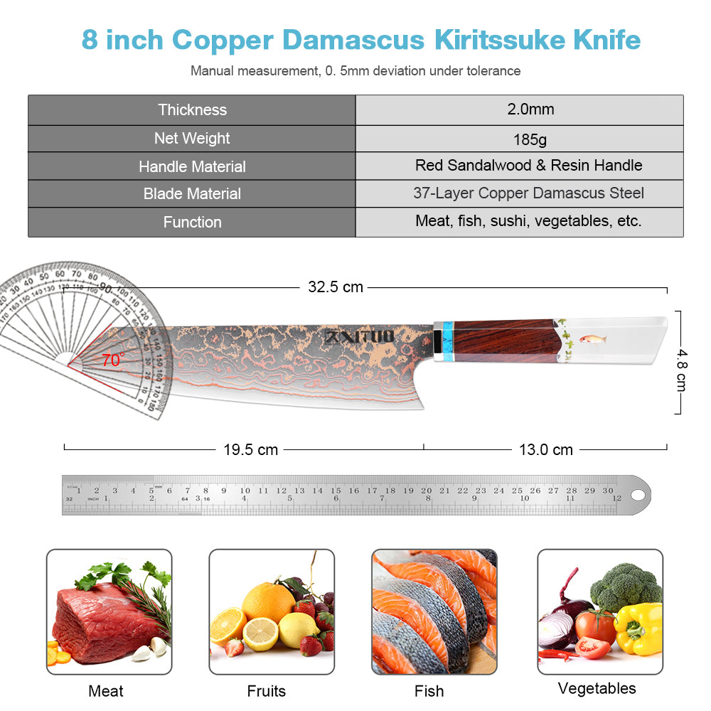 XITUO Kiritsuke Chef Knife,8 Inch, 37 Layers Tricolor Copper Damascus Steel-Japanese Damascus Knife for Chefs&Home Cooking-Razor Shar