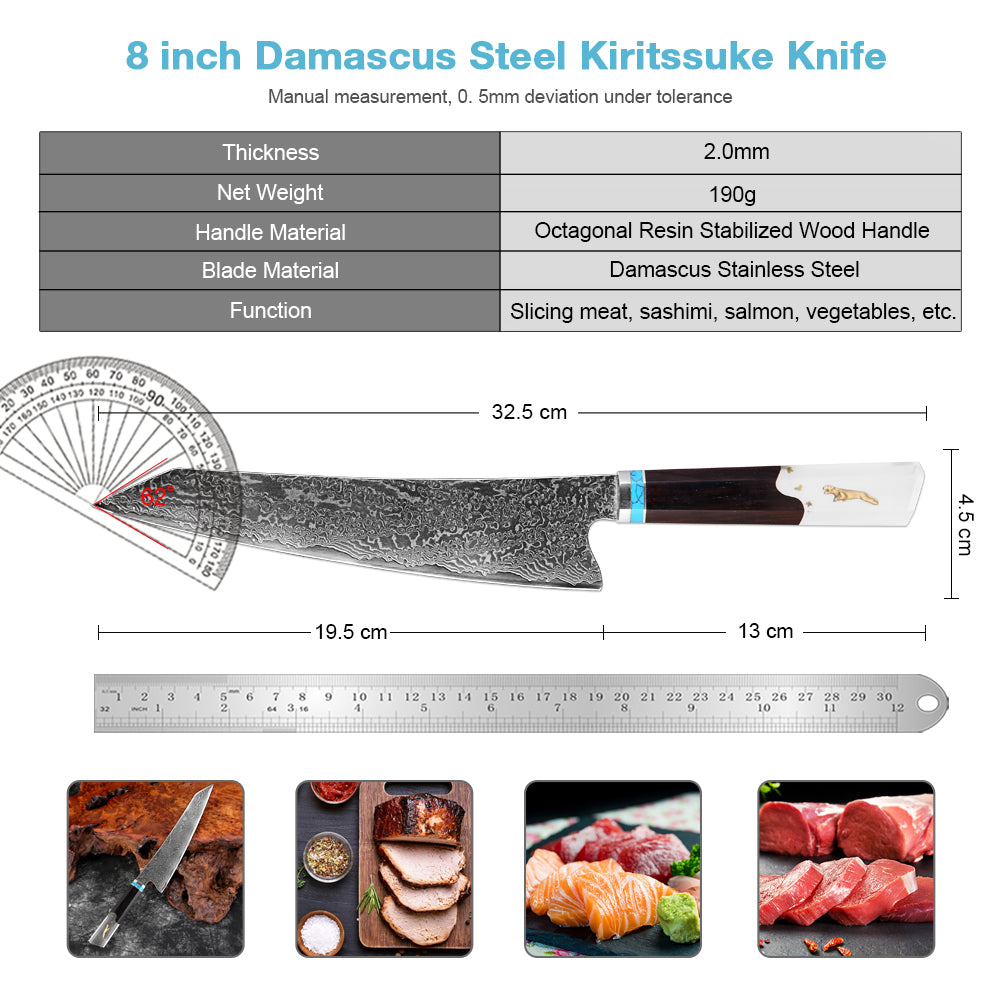 XITUO Damascus 8 Inch Kiritsuke Chef Knife,Hand Forged High Carbon Steel Sharp Kitchen Cutting Knife,Comfortable Ergonomic Handl