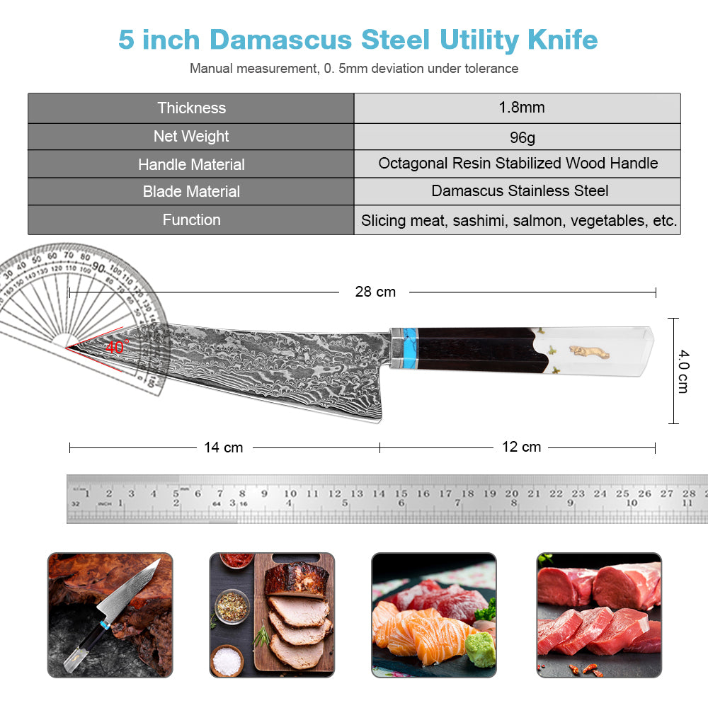 XITUO Damascus Kitchen Utility Knife, 5" Paring Knife VG10 Damascus Steel 67-Layer Blade,Perfect for Peeling,Slicing & Trimming