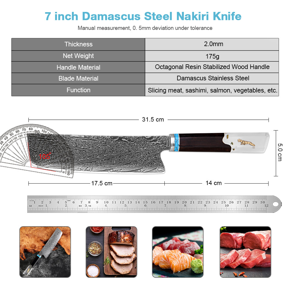 XITUO 7" Nakiri Knife Japanese VG-10 Damascus Steel, Razor Sharp Asian Vegetable & Meat Chopper, Ergonomic Resin & Wood Handle