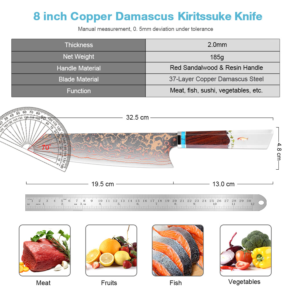 XITUO Kiritsuke Chef Knife,8 Inch, 37 Layers Tricolor Copper Damascus Steel-Japanese Damascus Knife for Chefs&Home Cooking-Razor Shar
