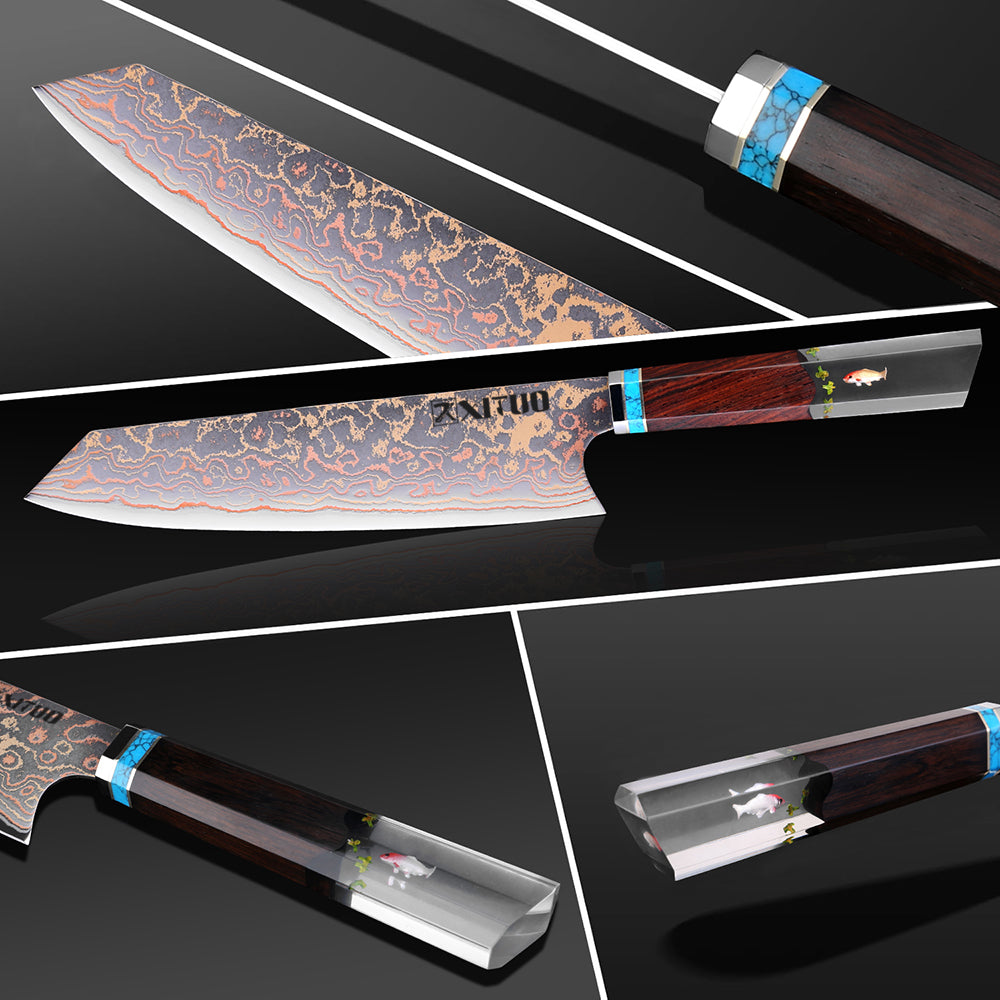 XITUO Kiritsuke Chef Knife,8 Inch, 37 Layers Tricolor Copper Damascus Steel-Japanese Damascus Knife for Chefs&Home Cooking-Razor Shar