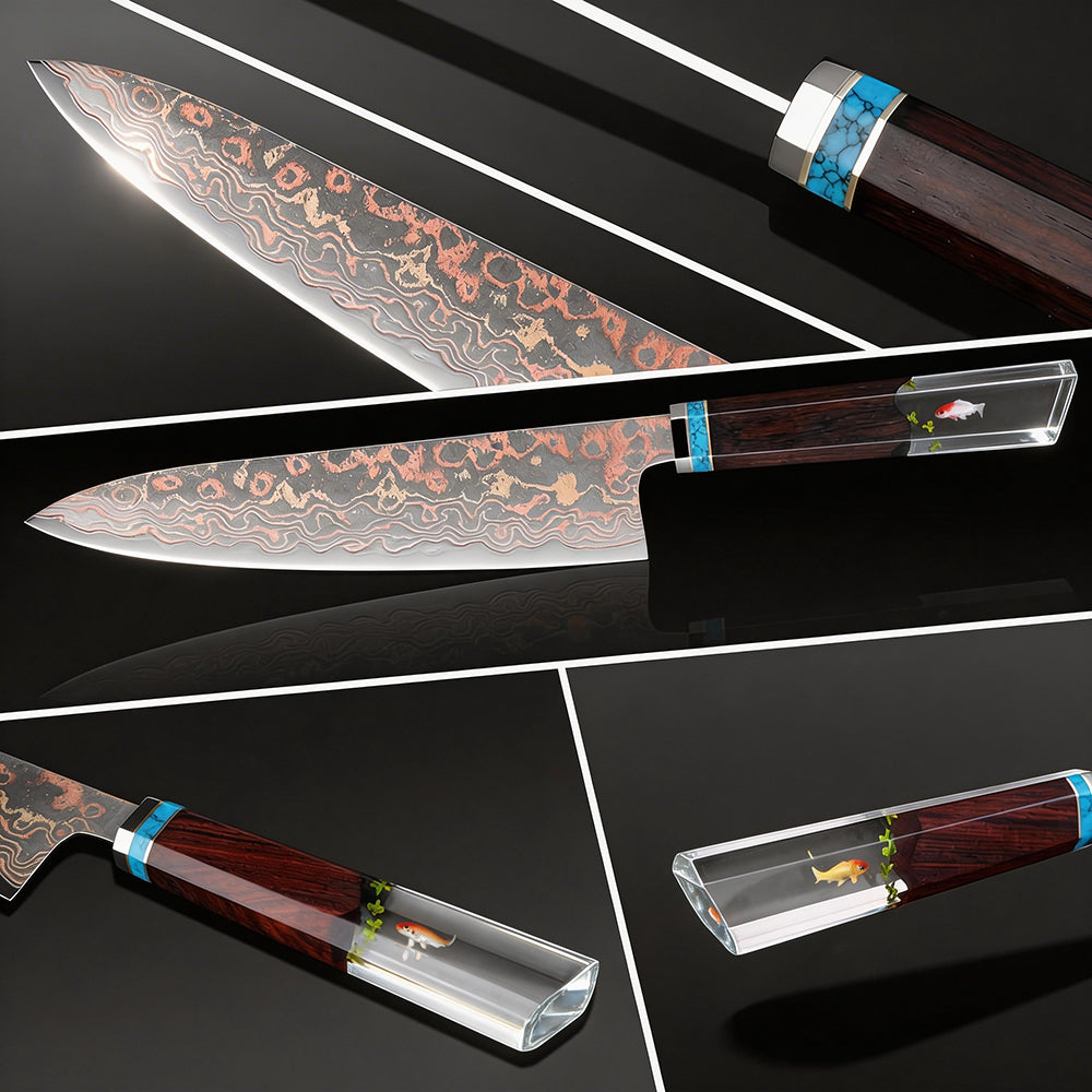 XITUO Copper Damascus Chef Knife 8 inch, Japanese Kitchen Knives Copper & Damascus Steel 33 Layer Hand Forged Utility Knife