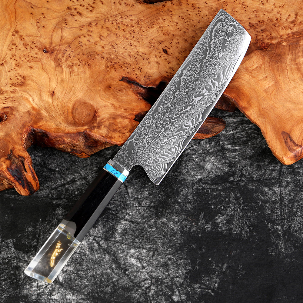 XITUO 7" Nakiri Knife Japanese VG-10 Damascus Steel, Razor Sharp Asian Vegetable & Meat Chopper, Ergonomic Resin & Wood Handle