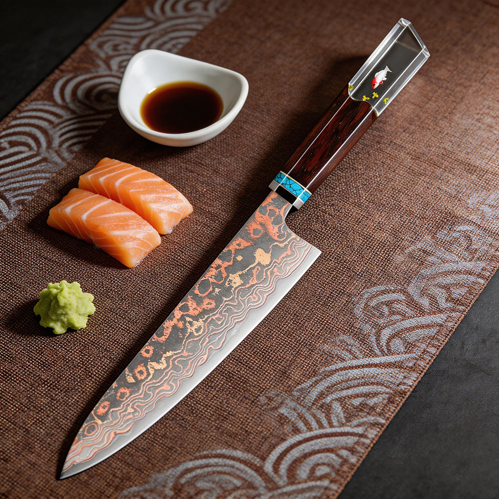 XITUO Copper Damascus Chef Knife 8 inch, Japanese Kitchen Knives Copper & Damascus Steel 33 Layer Hand Forged Utility Knife