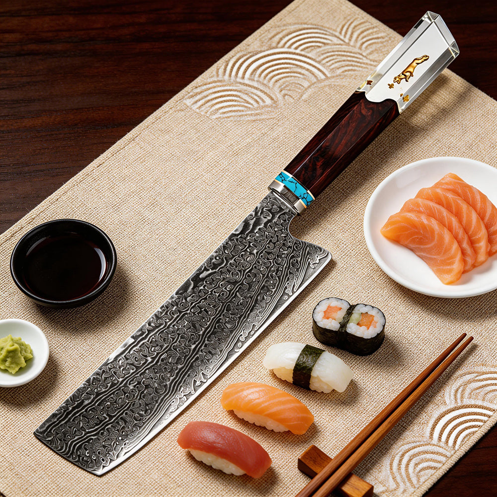 XITUO 7" Nakiri Knife Japanese VG-10 Damascus Steel, Razor Sharp Asian Vegetable & Meat Chopper, Ergonomic Resin & Wood Handle