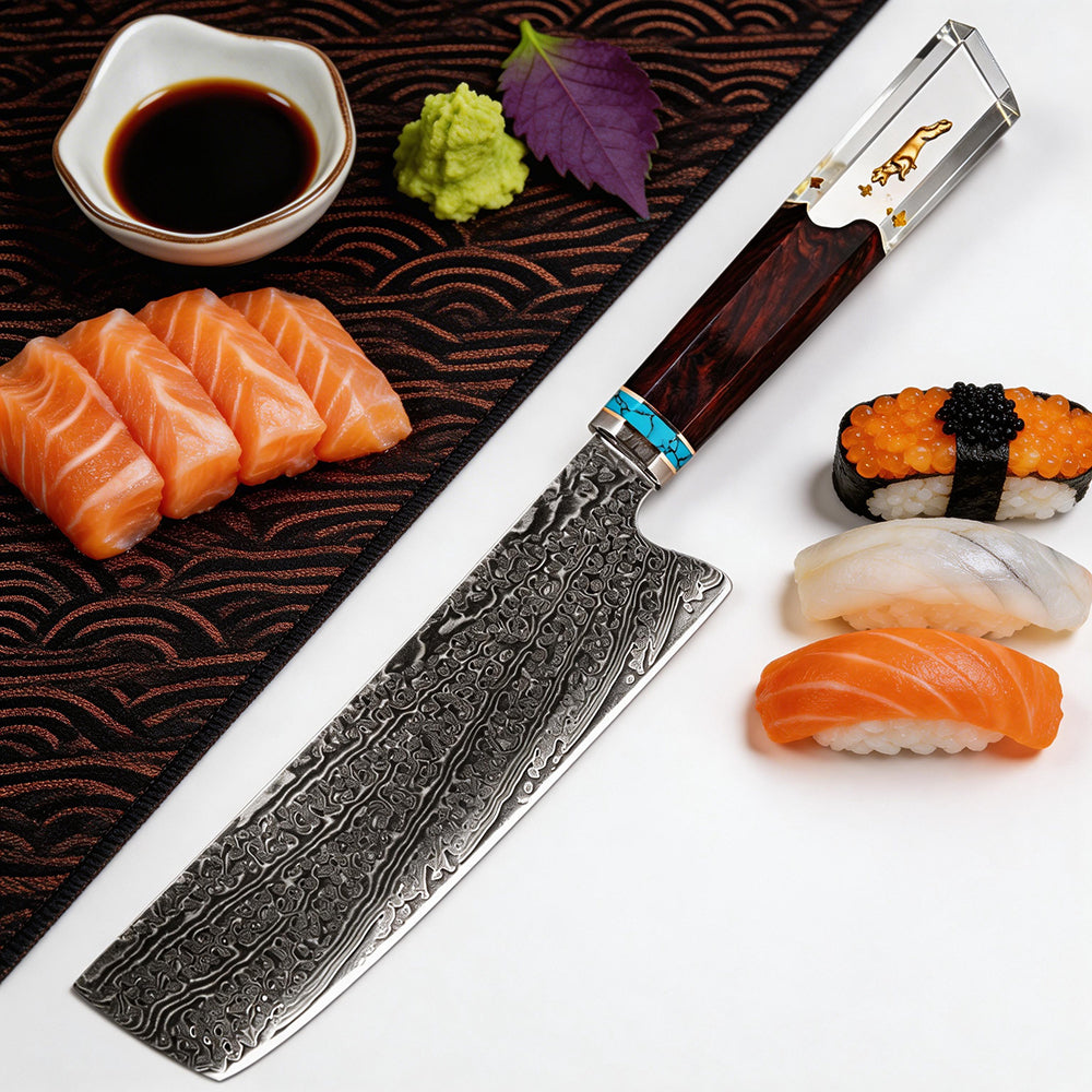 XITUO 7" Nakiri Knife Japanese VG-10 Damascus Steel, Razor Sharp Asian Vegetable & Meat Chopper, Ergonomic Resin & Wood Handle