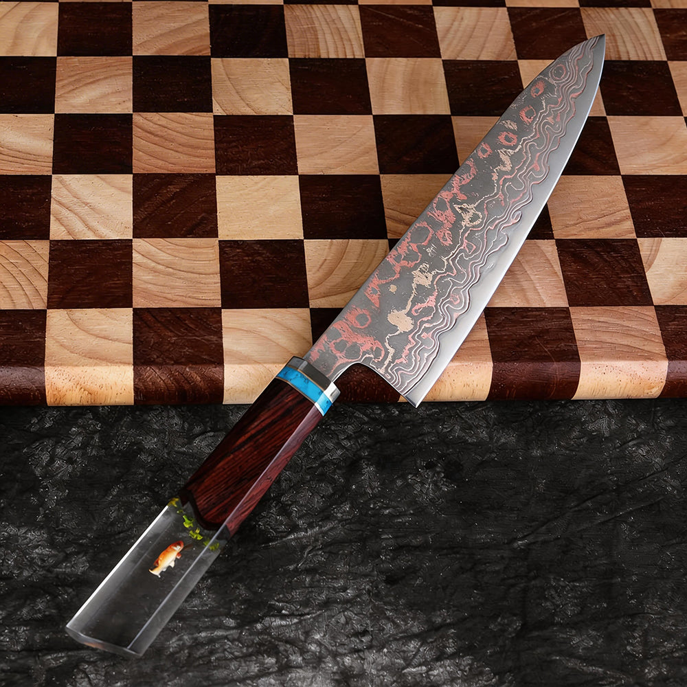 XITUO Copper Damascus Chef Knife 8 inch, Japanese Kitchen Knives Copper & Damascus Steel 33 Layer Hand Forged Utility Knife