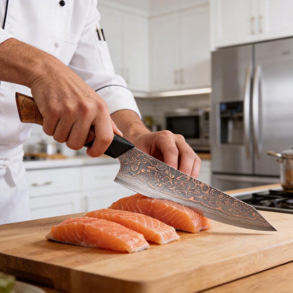 XITUO Top-quality Copper Damascus Steel Chef knife 8 inch, Ultra Sharp Japanese Kitchen Chopping Knife with Wood and G10 Handle