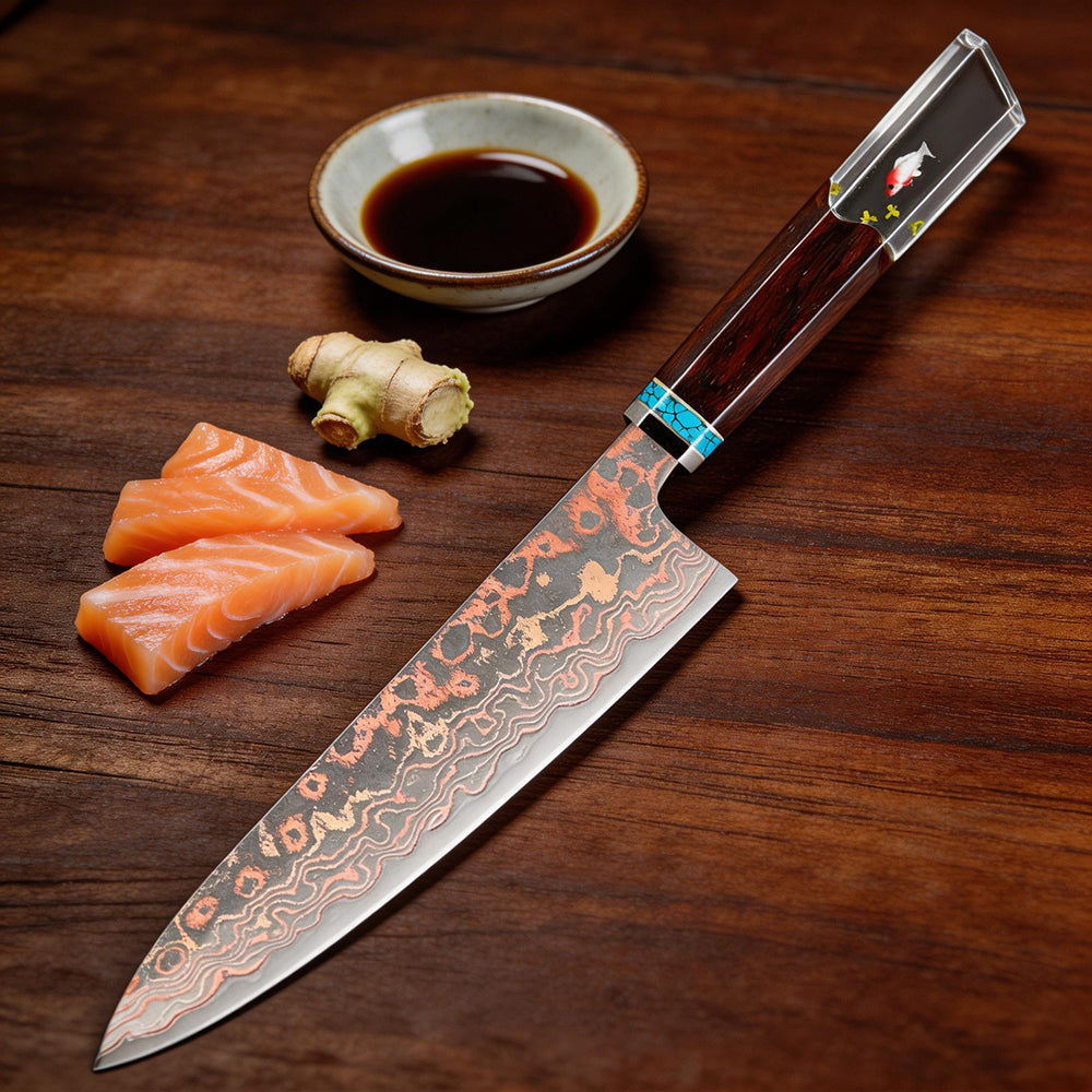 XITUO Copper Damascus Chef Knife 8 inch, Japanese Kitchen Knives Copper & Damascus Steel 33 Layer Hand Forged Utility Knife